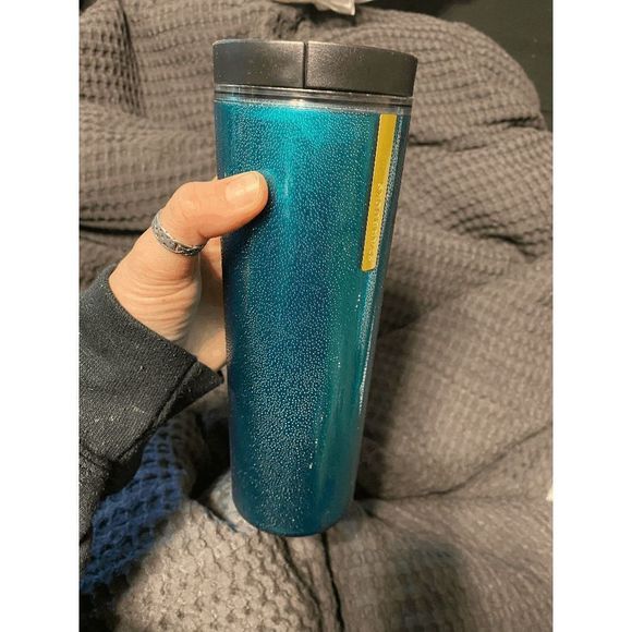 ☀️ Starbucks 2013 Green Sparkle Travel Plastic Coffee Tumbler 16oz Gold Hot Cold - Picture 6 of 7
